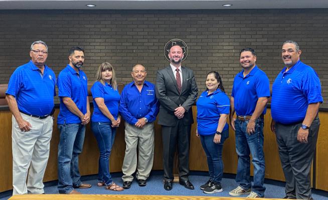Dr. Garbriel Zamora officially became the superintendent of the Fort Stockton Independent School District on May 27, 2021, at the school board’s special meeting held at the school’s administration building. From left to right: Billy Espino, Flo Garcia, Sandra Rivera, Freddie Martinez, Dr. Gabriel Zamora, Ursula Sanchez, Andy Rivera, Anastacio “Nacho” Dominguez.