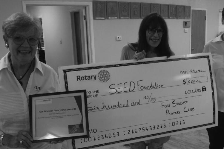 The Fort Stockton Rotary presented a check for $600.00 to celebrate Sondra Bynum for the years of love, support, and cookies that she gave to Adult Learners. Mrs. Bynum was the gentle force behind the success of many Adult Learners who received their GED or improved their English through ESL classes at the WRTTC. Her daughter, Kay Griffith, received the Certificate of Celebration presented by Alice Duerkson and Michele Huckaby.