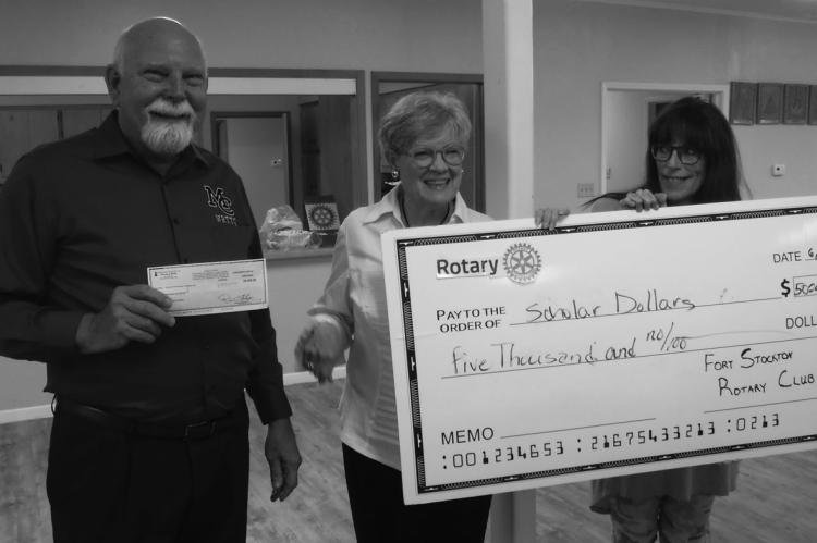 The Fort Stockton Rotary presented its annual Scholars Dollars to provide scholarships to students at Midland Community College. Presenting are Alice Duerkson and Michele Huckaby. Accepting the $5,000 check is Matt Tarpley. Photo courtesy of Fort Stockton Rotary